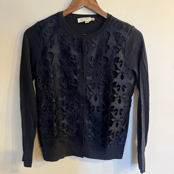LOFT Women's Black Petite Cutout Lace Cardigan Sweatwe Size XSP - Picture 1 of 5